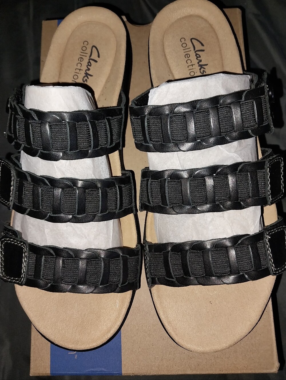 Clark's Laurieann Hope Black Leather Women's  Three-Strap Sandals NWBOX